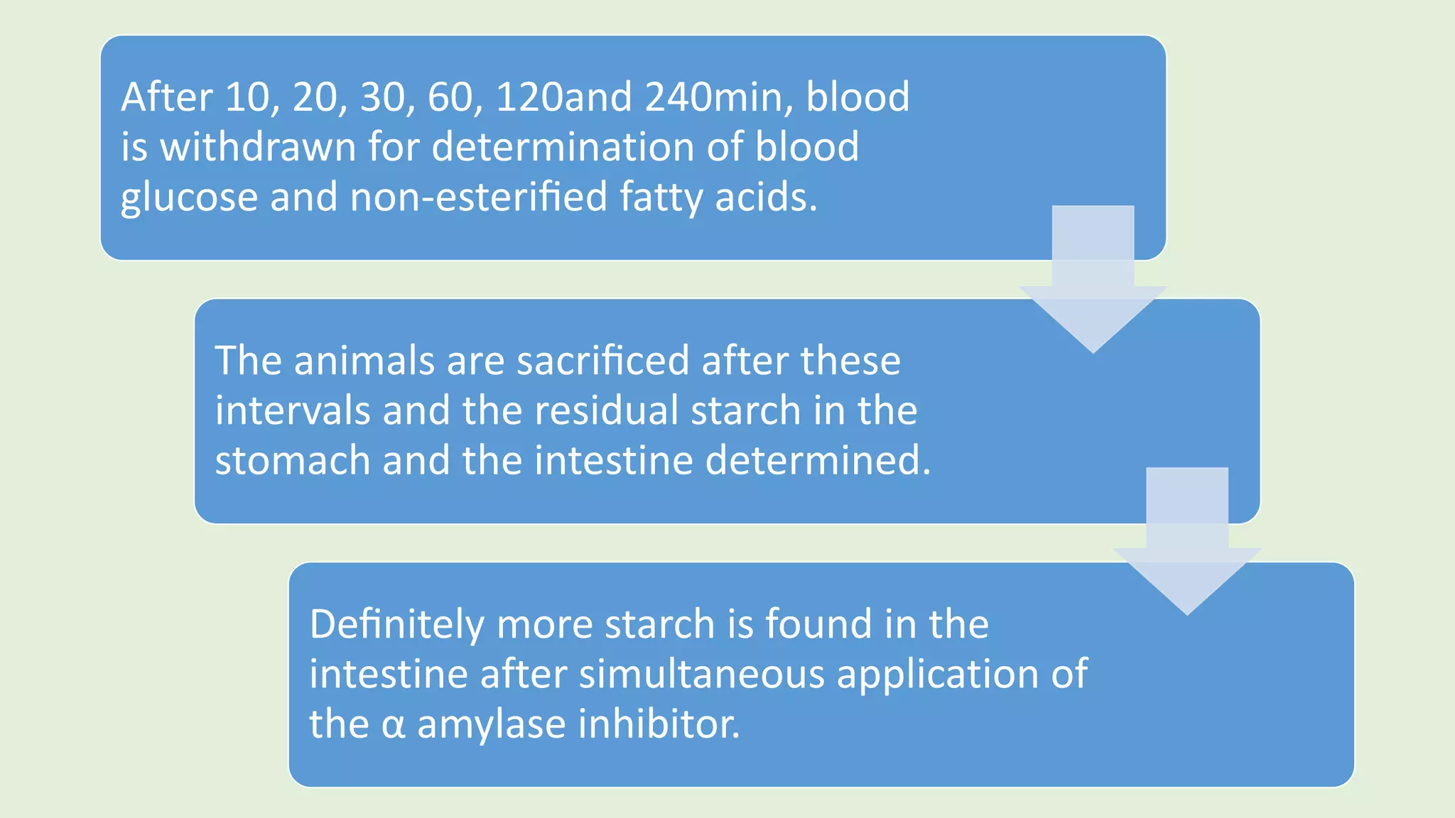 After 10, 20, 30, 60, 120and 240min, blood
is withdrawn for determination of blood
glucose and non-esteriﬁed fatty acids.
The animals are sacriﬁced after these
intervals and the residual starch in the
stomach and the intestine determined.
Deﬁnitely more starch is found in the
intestine after simultaneous application of
the α amylase inhibitor.
 