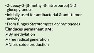 •2-deoxy-2-[3-methyl-3-nitrosourea] 1-D
glucopyranose
•Initially used for antibacterial & anti-tumor
activity
•From fungus Streptomyces achromogenes
Induces permanent DM :
By methylation
Free radical generation
Nitric oxide production
 