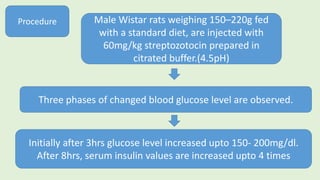 Three phases of changed blood glucose level are observed.
Initially after 3hrs glucose level increased upto 150- 200mg/dl.
After 8hrs, serum insulin values are increased upto 4 times
Male Wistar rats weighing 150–220g fed
with a standard diet, are injected with
60mg/kg streptozotocin prepared in
citrated buffer.(4.5pH)
Procedure
 