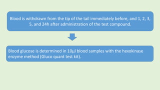 Blood is withdrawn from the tip of the tail immediately before, and 1, 2, 3,
5, and 24h after administration of the test compound.
Blood glucose is determined in 10µl blood samples with the hexokinase
enzyme method (Gluco quant test kit).
 
