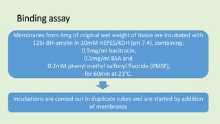 Binding assay
Membranes from 4mg of original wet weight of tissue are incubated with
125I-BH-amylin in 20mM HEPES/KOH (pH 7.4), containing:
0.5mg/ml bacitracin,
0.5mg/ml BSA and
0.2mM phenyl methyl sulfonyl ﬂuoride (PMSF),
for 60min at 23°C.
Incubations are carried out in duplicate tubes and are started by addition
of membranes
 