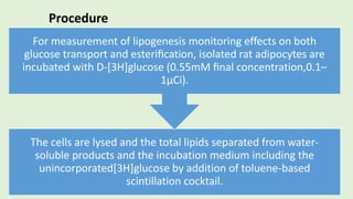 The cells are lysed and the total lipids separated from water-
soluble products and the incubation medium including the
unincorporated[3H]glucose by addition of toluene-based
scintillation cocktail.
For measurement of lipogenesis monitoring effects on both
glucose transport and esteriﬁcation, isolated rat adipocytes are
incubated with D-[3H]glucose (0.55mM ﬁnal concentration,0.1–
1µCi).
Procedure
 
