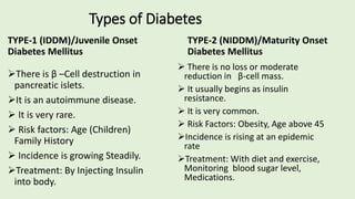 Types of Diabetes
TYPE-1 (IDDM)/Juvenile Onset
Diabetes Mellitus
There is β –Cell destruction in
pancreatic islets.
It is an autoimmune disease.
 It is very rare.
 Risk factors: Age (Children)
Family History
 Incidence is growing Steadily.
Treatment: By Injecting Insulin
into body.
TYPE-2 (NIDDM)/Maturity Onset
Diabetes Mellitus
 There is no loss or moderate
reduction in β-cell mass.
 It usually begins as insulin
resistance.
 It is very common.
 Risk Factors: Obesity, Age above 45
Incidence is rising at an epidemic
rate
Treatment: With diet and exercise,
Monitoring blood sugar level,
Medications.
 