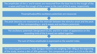 For inducing galactosemia, male Sprague-Dawley rats weighing 140–185g at the beginning
of the study, receive a diet of 30% galactose. Test compounds are given as 0.1% to the diet.
The sum of these amplitudes is expressed as the wavelet index.
The oscillatory potentials (designated O1,O2, and O3 in order of appearance on the
ascending limb of the b-wave) are added together.
The peak latencies are measured as the intervals between the stimulus onset and the peak
of the corresponding a- and b-waves and oscillatory potentials.
Theamplitudesofthe oscillatory potentials are measured.
The amplitudes of the a- and b-waves are measured from the base line to the trough of the
a-wave and from the trough of the a-wave to the crest of the b-wave, respectively.
 