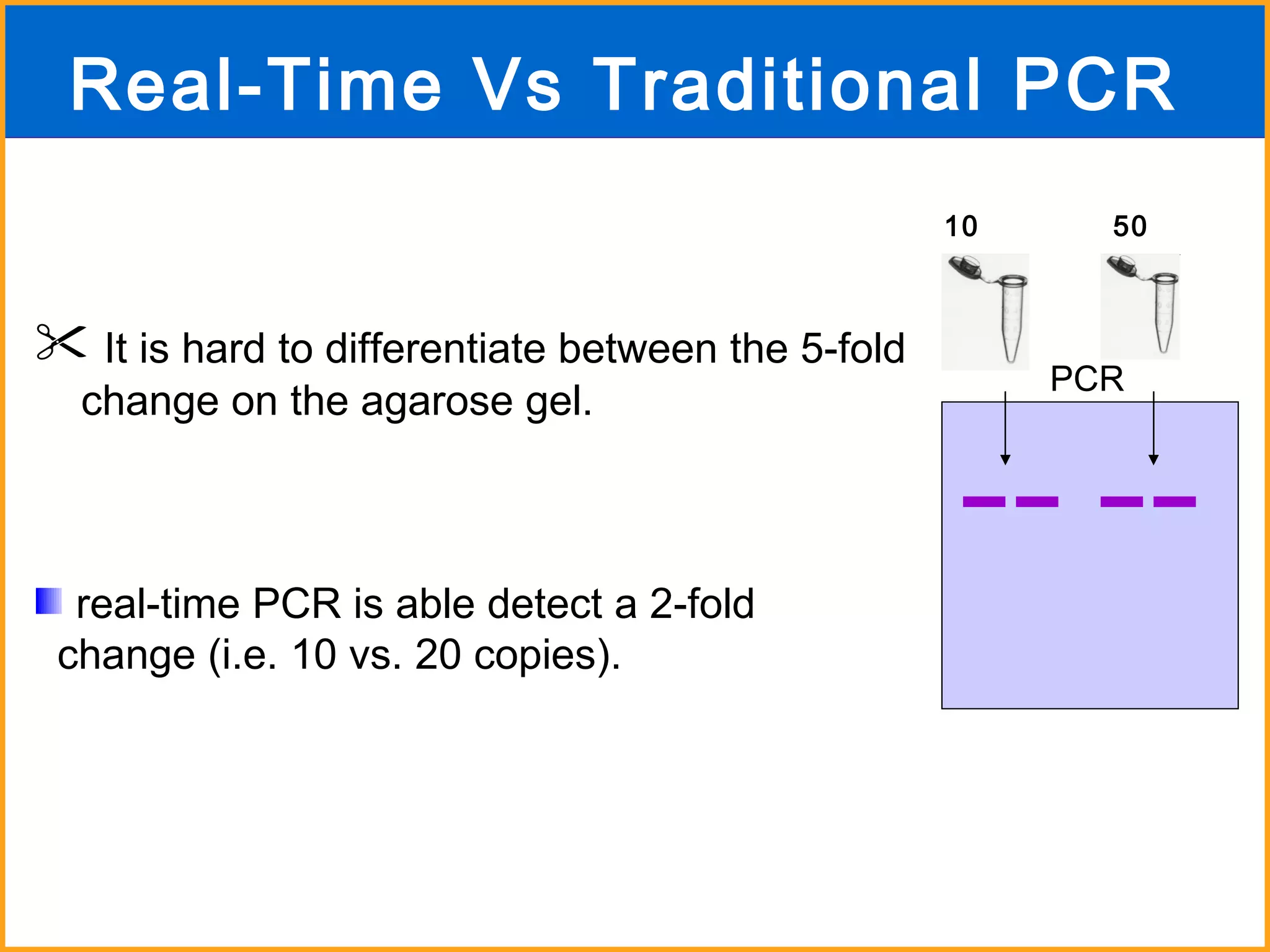 50 copy 10 copy It is hard to differentiate between the 5-fold change on the agarose gel. real-time PCR is able detect a 2-fold change (i.e. 10 vs. 20 copies). Real-Time Vs Traditional PCR PCR 