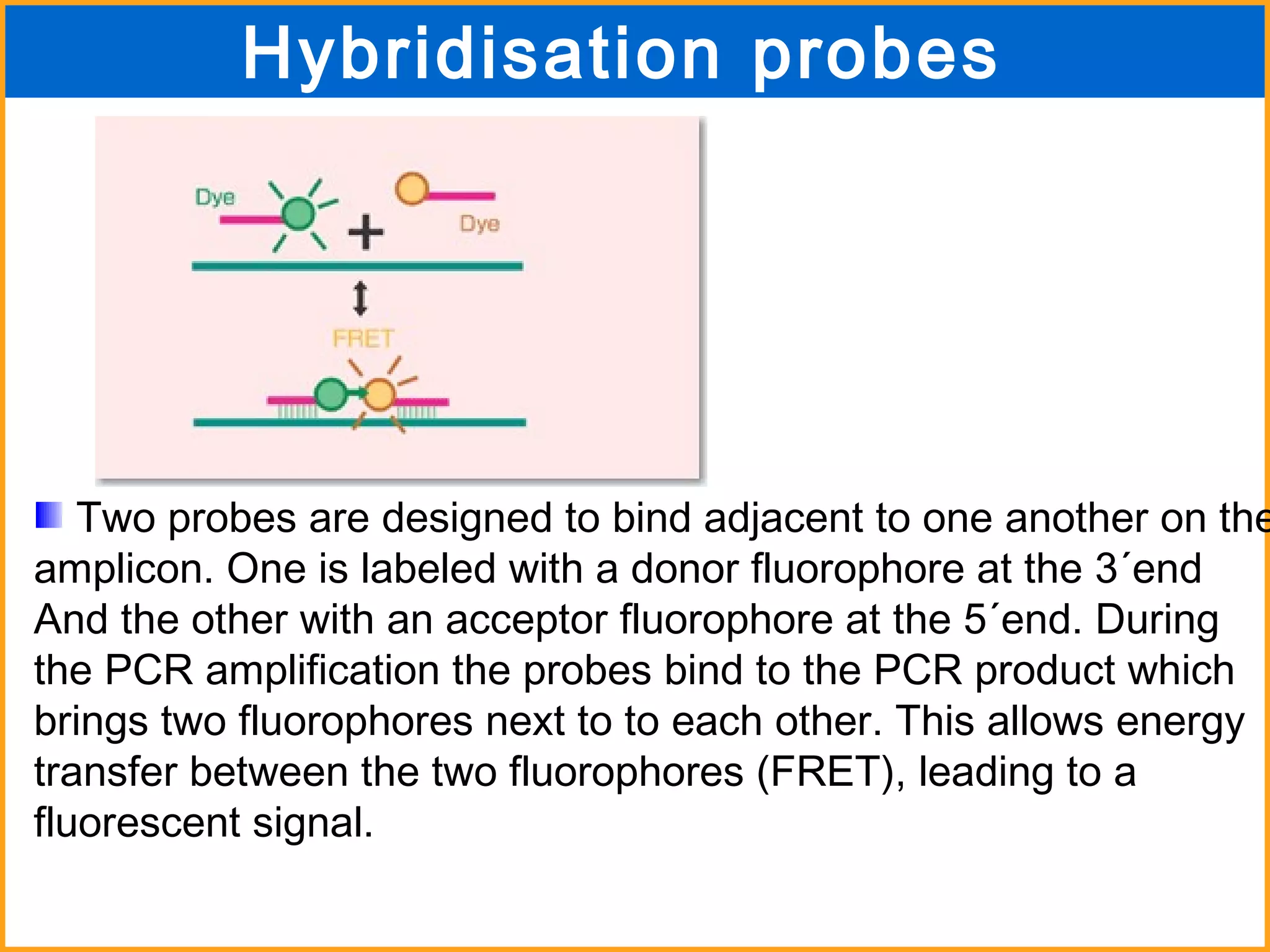 Hybridisation probes  Two probes are designed to bind adjacent to one another on the amplicon. One is labeled with a donor fluorophore at the 3´end  And the other with an acceptor fluorophore at the 5´end. During the PCR amplification the probes bind to the PCR product which brings two fluorophores next to to each other. This allows energy transfer between the two fluorophores (FRET), leading to a fluorescent signal.  