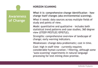 Awareness
of Change
HORIZON SCANNING
What it is: comprehensive change identification – how
change itself changes (aka environmental scanning).
What it needs: data sources across multiple fields of
study and points of view.
Mode: quantitative and qualitative – includes both
statistical trend patterns and case studies; 360 degree
view (STEEP/PESTLEC/EPISTLE).
Strengths: comprehensive overview of landscape of
change; early warning indicators.
Weaknesses: change data problematic; cost in time.
Cost: high in staff time – currently requires
considerable human curation / filtering, although some
‘auto-scanning’ experiments in natural language
processing for text mining show promise.
Inﬁnite Futures
 