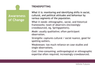 Awareness
of Change
TRENDSPOTTING
What it is: monitoring and identifying shifts in social,
cultural, and political attitudes and behaviour by
various segments of the population.
What it needs: ethnographic, social, and historical
frameworks; team of observers (increasingly
crowdsourced, eg, Springspotters).
Mode: usually qualitative; often participant
observation.
Strengths: captures cultural / social nuance, good for
spotting outliers.
Weaknesses: too much reliance on case studies and
single observations.
Cost: time-consuming; anthropological or ethnographic
expertise often required; increasingly crowdsourced.
Inﬁnite Futures
 