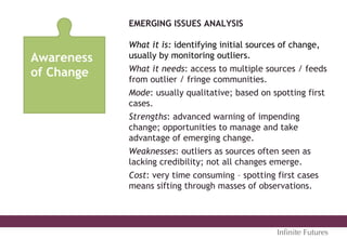 Awareness
of Change
EMERGING ISSUES ANALYSIS
What it is: identifying initial sources of change,
usually by monitoring outliers.
What it needs: access to multiple sources / feeds
from outlier / fringe communities.
Mode: usually qualitative; based on spotting first
cases.
Strengths: advanced warning of impending
change; opportunities to manage and take
advantage of emerging change.
Weaknesses: outliers as sources often seen as
lacking credibility; not all changes emerge.
Cost: very time consuming – spotting first cases
means sifting through masses of observations.
Inﬁnite Futures
 