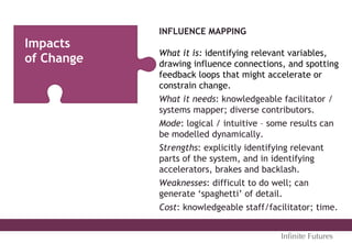 INFLUENCE MAPPING
What it is: identifying relevant variables,
drawing influence connections, and spotting
feedback loops that might accelerate or
constrain change.
What it needs: knowledgeable facilitator /
systems mapper; diverse contributors.
Mode: logical / intuitive – some results can
be modelled dynamically.
Strengths: explicitly identifying relevant
parts of the system, and in identifying
accelerators, brakes and backlash.
Weaknesses: difficult to do well; can
generate ‘spaghetti’ of detail.
Cost: knowledgeable staff/facilitator; time.
Impacts
of Change
Inﬁnite Futures
 
