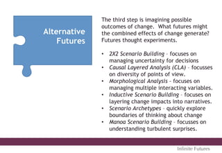 Alternative
Futures
The third step is imagining possible
outcomes of change. What futures might
the combined effects of change generate?
Futures thought experiments.
•  2X2 Scenario Building – focuses on
managing uncertainty for decisions
•  Causal Layered Analysis (CLA) – focusses
on diversity of points of view.
•  Morphological Analysis – focuses on
managing multiple interacting variables.
•  Inductive Scenario Building – focuses on
layering change impacts into narratives.
•  Scenario Archetypes – quickly explore
boundaries of thinking about change
•  Manoa Scenario Building – focusses on
understanding turbulent surprises.
Inﬁnite Futures
 