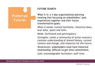 Preferred
Futures
FUTURE SEARCH
What it is: a 3-day organisational planning
meeting that focussing on stakeholders’ past
experiences together and their future
transformative goals.
What it needs: trained facilitator, historical data,
scan data, space and teim.
Mode: facilitated and participatory.
Strengths: unites a community of action around a
common understanding of shared history, current
context and change, and resources for the future.
Weaknesses: stakeholders must have historical
relationship; difficult to get time commitment.
Cost: knowledgeable facilitator; staff time.
Inﬁnite Futures
Developed by Marvin Weisbord and Sandra Janoff
 