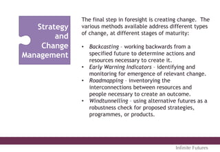 Strategy
and
Change
Management
The final step in foresight is creating change. The
various methods available address different types
of change, at different stages of maturity:
•  Backcasting – working backwards from a
specified future to determine actions and
resources necessary to create it.
•  Early Warning Indicators – identifying and
monitoring for emergence of relevant change.
•  Roadmapping – inventorying the
interconnections between resources and
people necessary to create an outcome.
•  Windtunnelling – using alternative futures as a
robustness check for proposed strategies,
programmes, or products.
Inﬁnite Futures
 