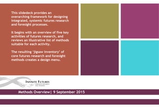 Methods Overview| 9 September 2015
This slidedeck provides an
overarching framework for designing
integrated, systemic futures research
and foresight processes.
It begins with an overview of five key
activities of futures research, and
reviews an illustrative list of methods
suitable for each activity.
The resulting ‘jigsaw inventory’ of
core futures research and foresight
methods creates a design menu.
 