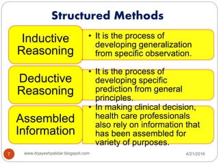 Structured Methods
4/21/20167 www.drjayeshpatidar.blogspot.com
• It is the process of
developing generalization
from specific observation.
Inductive
Reasoning
• It is the process of
developing specific
prediction from general
principles.
Deductive
Reasoning
• In making clinical decision,
health care professionals
also rely on information that
has been assembled for
variety of purposes.
Assembled
Information
 