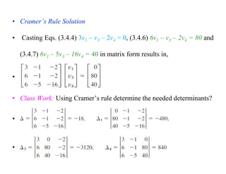 • Cramer’s Rule Solution
• Casting Eqs. (3.4.4) 3v1 – v3 – 2v4 = 0, (3.4.6) 6v1 – v3 – 2v4 = 80 and
(3.4.7) 6v1 – 5v3 – 16v4 = 40 in matrix form results in,
•
• Class Work: Using Cramer’s rule determine the needed determinants?
•
•
 