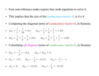 • Four non-reference nodes require four node equations to solve it.
• This implies that the size of the conductance matrix G, is 4 x 4.
• Computing the diagonal terms of conductance matrix G, in Siemens.
•
•
• Calculating off diagonal terms of conductance matrix G, in Siemens.
•
•
•
 