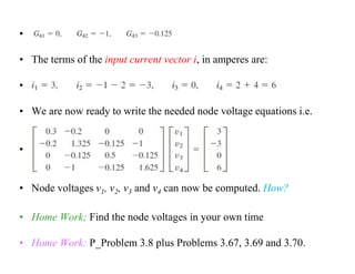 •
• The terms of the input current vector i, in amperes are:
•
• We are now ready to write the needed node voltage equations i.e.
•
• Node voltages v1, v2, v3 and v4 can now be computed. How?
• Home Work; Find the node voltages in your own time
• Home Work: P_Problem 3.8 plus Problems 3.67, 3.69 and 3.70.
 