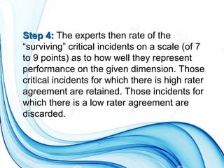 Step 4:Step 4: The experts then rate of the
“surviving” critical incidents on a scale (of 7
to 9 points) as to how well they represent
performance on the given dimension. Those
critical incidents for which there is high rater
agreement are retained. Those incidents for
which there is a low rater agreement are
discarded.
 