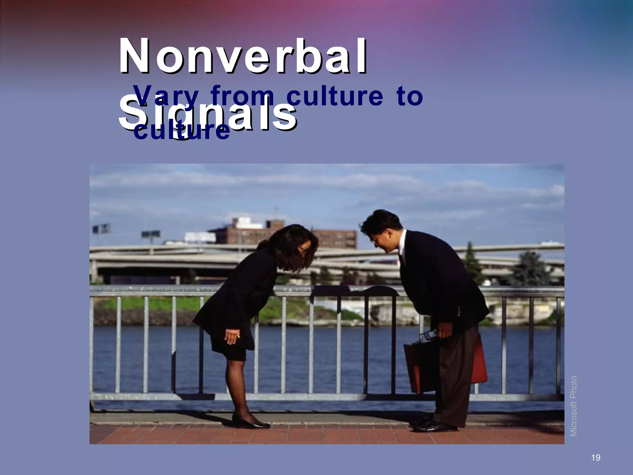 Microsoft Photo

Nonverbal
Vary from culture to
Signals
culture

19

 