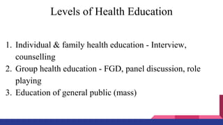 Levels of Health Education
1. Individual & family health education - Interview,
counselling
2. Group health education - FGD, panel discussion, role
playing
3. Education of general public (mass)
 