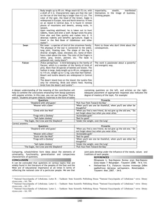 140
Body length up to 95 cm. Wings reach 62-72 cm, with
a draft of 2 m. Characteristic signs are that the nail
on the toe of the hind leg is longer than 4.2 cm. The
color of the spot, the head of the brown. Eagle is
widespread in Europe, Asia and North America. It lives
on an island in Central Asia. It is found in remote
places of mountains and deserts, among rocks, in
saxauls.
Upon reaching adulthood, he is taken out to hunt
rabbits, foxes and even a wolf. Burgut loves his prey
from afar and flies quickly and rushes into it. It
destroys rodents and benefits agriculture. Eagle is
listed in the Red Book of Uzbekistan and other
states15
.
impartiality, stealth, manifested
themselves in the image of business,
thinking people.
Swan Pet swan - a species of bird of the utraximon family.
The physique of the eye is connected to the ankle,
long joint, floating toes. The shape of the fog is
diverse: straight, loose, elevated, etc. Some of them
have a dam above the nose. The color of the fingers is
white, gray, brown, penned, etc. The beak is
yellowish red, rarely black16
.
Point to those who don't think about the
consequences.
Falcon (Falco peregrinus) – A bird belonging to the family of
flacons, which is a member of the family of birds of
prey. More than 20 species of beetles are known. The
fashion is large, body length up to 49 cm, wingspan up
to 115 cm, weight up to 1.2 kg. Less than Nari fashion.
Desert and tundra deserts are widespread in Central
Asia.
The desert island lives on the island; the tundra flies
only for wintering. Birds and others feed. Hunting
birds from the desert and tundra17
.
The work is passionate about a powerful
and energetic way.
A deeper understanding of the meaning of the contribution will
help to combine the conclusions emanating from Aesop questions
with popular articles. In this case, you can use the game "Find a
match." Students are given didactic materials in the form of tables
containing questions on the left, and articles on the right.
Adequate placement of appropriate responses also indicates the
degree of mastery of the topic. For example:
Questions Proverbs
"Shepherd with wild goats" "Pull Your Feet Toward the Bay"
"Weaver with a Deer" "When you'll see one be thankfull, when you'll see other be
thoughtful"
"Climb with the Wolf" "When you find a new friend, do not give up the old one," "Do
not forget about buz when you wear atlas."
"Frogs with a Donkey" "Actionable guilt"
"Salt-laden donkey" "Bad for good"
"The Eagle, the Crow and the Shepherd" "Under the weight, over the lung"
Correct answers:
Questions Proverbs
"Shepherd with wild goats" "When you find a new friend, do not give up the old one," "Do
not forget about buz when you wear atlas."
"Weaver with a Deer" "Actionable guilt"
"Stork with the Wolf" "Bad for good"
"Frogs with a Donkey" "When you'll see one be thankfull, when you'll see other be
thoughtful"
"Salt-laden donkey" "Under the weight, over the lung"
"The Eagle, the Crow and the Shepherd" "Pull Your Feet Toward the Bay"
Comparing, schoolchildren form ideas about the elements of
universality, functionality, generalization and compactness
characteristic of questions.
It can be concluded that questions on various topics that are
widely found in the literature of the peoples of the East and the
West are of educational importance at all times in terms of
reflecting the national color of a particular people. We see that
15
National Encyclopedia of Uzbekistan. Letter B. - Tashkent: State Scientific Publishing House "National Encyclopedia of Uzbekistan." www. library
ziyouz.com. - Art. 704
16
National Encyclopedia of Uzbekistan. Letter G. - Tashkent: State Scientific Publishing House "National Encyclopedia of Uzbekistan." www. library
ziyouz.com. - Art. 35
17
National Encyclopedia of Uzbekistan. Letter L. - Tashkent: State Scientific Publishing House "National Encyclopedia of Uzbekistan." www. library
ziyouz.com. - Art. 189
joint plots develop under the influence of the needs, values and
traditions of each people.
Йўлдошев Қ. Бир-бирини билиш учун бир-бирини
ўқиш керак // Маърифат. –Тошкент: 2008. – № 6. 5-б.
• Ниёзметова Р.Ҳ. Узлуксиз таълим тизимида ўзбек
адабиётини ўрганиш методикаси. Монография. –
Тошкент: Фан, 2007. – 34-б.
 