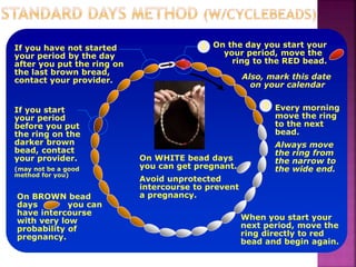 On WHITE bead days
you can get pregnant.
Avoid unprotected
intercourse to prevent
a pregnancy.
On the day you start your
your period, move the
ring to the RED bead.
Every morning
move the ring
to the next
bead.
Always move
the ring from
the narrow to
the wide end.
1
2
Also, mark this date
on your calendar
When you start your
next period, move the
ring directly to red
bead and begin again.
On BROWN bead
days you can
have intercourse
with very low
probability of
pregnancy.
If you have not started
your period by the day
after you put the ring on
the last brown bread,
contact your provider.
If you start
your period
before you put
the ring on the
darker brown
bead, contact
your provider.
(may not be a good
method for you)
 