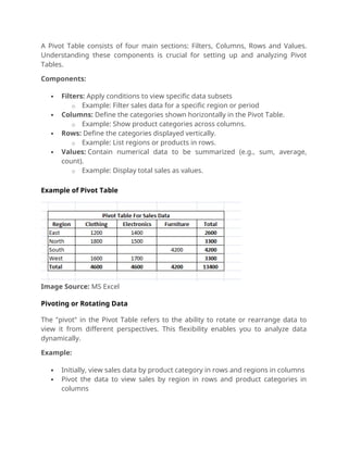 A Pivot Table consists of four main sections: Filters, Columns, Rows and Values.
Understanding these components is crucial for setting up and analyzing Pivot
Tables.
Components:
 Filters: Apply conditions to view specific data subsets
o Example: Filter sales data for a specific region or period
 Columns: Define the categories shown horizontally in the Pivot Table.
o Example: Show product categories across columns.
 Rows: Define the categories displayed vertically.
o Example: List regions or products in rows.
 Values: Contain numerical data to be summarized (e.g., sum, average,
count).
o Example: Display total sales as values.
Example of Pivot Table
Image Source: MS Excel
Pivoting or Rotating Data
The "pivot" in the Pivot Table refers to the ability to rotate or rearrange data to
view it from different perspectives. This flexibility enables you to analyze data
dynamically.
Example:
 Initially, view sales data by product category in rows and regions in columns
 Pivot the data to view sales by region in rows and product categories in
columns
 