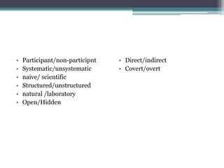 • Participant/non-participnt
• Systematic/unsystematic
• naive/ scientific
• Structured/unstructured
• natural /laboratory
• Open/Hidden
• Direct/indirect
• Covert/overt
 