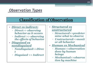 Observation Types
• Direct vs indirect:
▫ Direct>> observing
behavior as it occurs
▫ Indirect >> observing
the effects of behavior
• Disguised vs
nondisguised
▫ Nondisguised>>Direc
t
▫ Disguised >> Indirect
• Structured vs
unstructured
▫ Structured>>predeter
mine what to observe
▫ Unstructured>>monit
or all behavior
• Human vs Mechanical
▫ Human>>observation
done by human
beings
▫ Mechanical>>observa
tion by machine
22
Classification of Observation
 