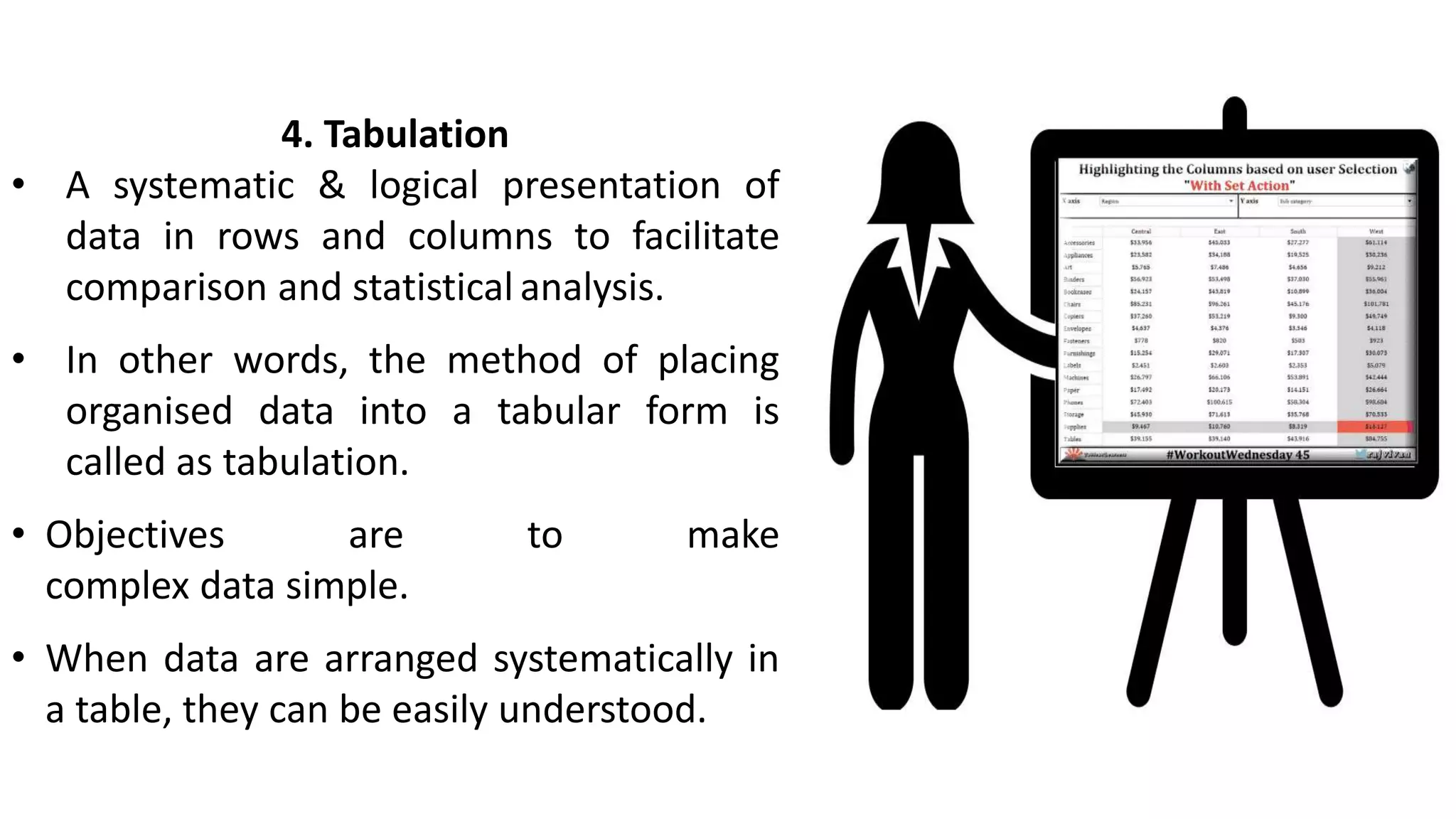 4. Tabulation
• A systematic & logical presentation of
data in rows and columns to facilitate
comparison and statistical analysis.
• In other words, the method of placing
organised data into a tabular form is
called as tabulation.
• Objectives are to make
complex data simple.
• When data are arranged systematically in
a table, they can be easily understood.
 