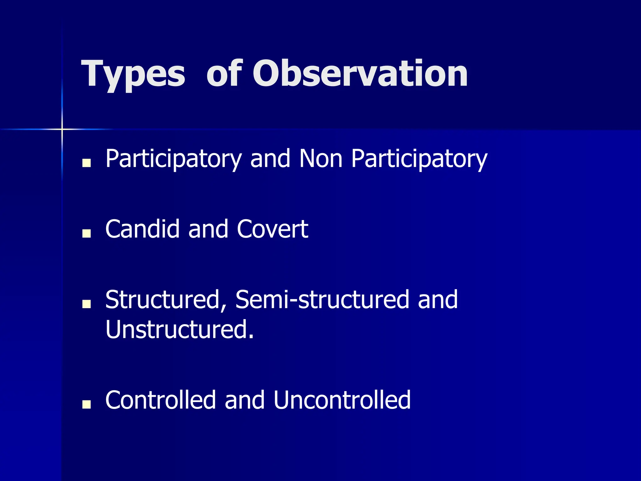 Types of Observation
■ Participatory and Non Participatory
■ Candid and Covert
■ Structured, Semi-structured and
Unstructured.
■ Controlled and Uncontrolled
 