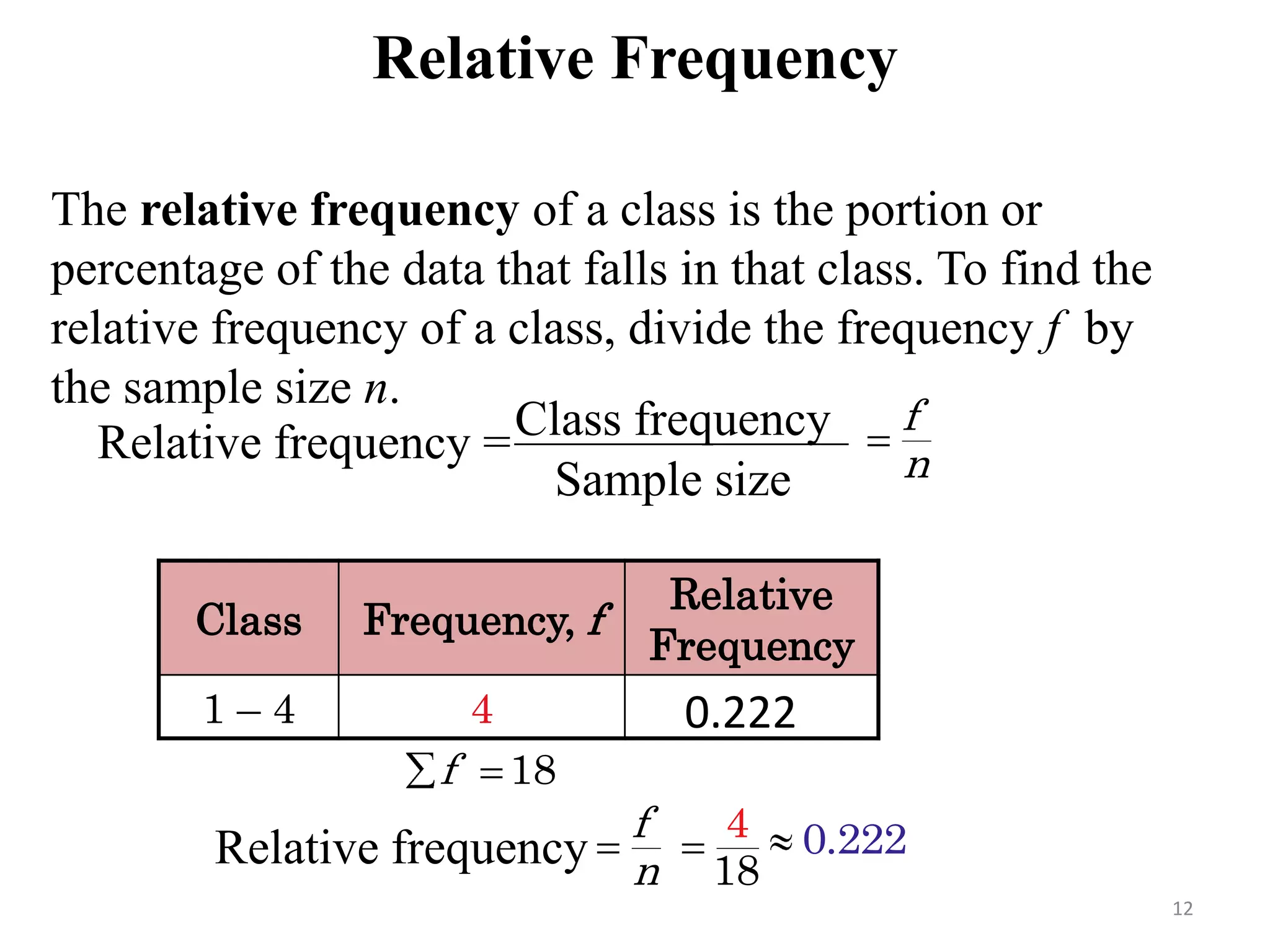 Relative Frequency
Class Frequency, f
Relative
Frequency
1 – 4 4
The relative frequency of a class is the portion or
percentage of the data that falls in that class. To find the
relative frequency of a class, divide the frequency f by
the sample size n.
Relative frequency =Class frequency
Sample size
Relative frequency 8
4
1
0.222
0.222
f
n
18f
f
n
12
 