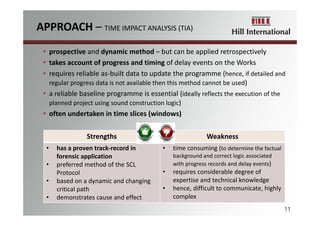 APPROACH – TIME IMPACT ANALYSIS (TIA)
11
• prospective and dynamic method – but can be applied retrospectively
• takes account of progress and timing of delay events on the Works
• requires reliable as‐built data to update the programme (hence, if detailed and 
regular progress data is not available then this method cannot be used)
• a reliable baseline programme is essential (ideally reflects the execution of the 
planned project using sound construction logic) 
• often undertaken in time slices (windows)
Strengths Weakness
• has a proven track‐record in 
forensic application
• preferred method of the SCL
Protocol
• based on a dynamic and changing 
critical path
• demonstrates cause and effect 
• time consuming (to determine the factual 
background and correct logic associated 
with progress records and delay events)
• requires considerable degree of 
expertise and technical knowledge
• hence, difficult to communicate, highly 
complex
 