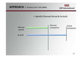• Identify Planned Period & As‐built
Planned  
period
Planned 
Completion
As‐built
Actual 
Completion
14
APPROACH – AS‐BUILT BUT FOR (ABBF)
 