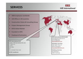  4900 Employees worldwide
 100 Offices in 40 countries
 Construction Claims & Consulting Group
 Project Management Group
 NYSE Global Market
 Founded in 1976
 Employers/Contractors
Hill International (D) GmbH
Prinzregentenstraße 20‐22
80538 München
Munich@hillintl.com
Düsseldorf, Germany
Graf‐ Adolf‐ Platz 15
40213 Düsseldorf
Duesseldorf@hillintl.com
Hamburg, Germany
Am Kaiserkai 1
20457 Hamburg
Hill International UK
London, Hill International UK, Ltd.
11 Pilgrim St
London, 
EC4V 6RN
UK
Tel: +44 (0)20 7618 1200
(9 UK Locations)
SERVICES
 