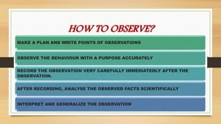 HOW TO OBSERVE?
MAKE A PLAN AND WRITE POINTS OF OBSERVATIONS.
OBSERVE THE BEHAVIOUR WITH A PURPOSE ACCURATELY.
RECORD THE OBSERVATION VERY CAREFULLY IMMEDIATEDLY AFTER THE
OBSERVATION.
AFTER RECORDING, ANALYSE THE OBSERVED FACTS SCIENTIFICALLY.
INTERPRET AND GENERALIZE THE OBSERVATION.
 