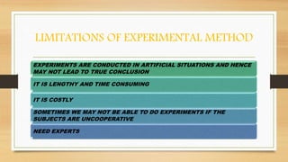 LIMITATIONS OF EXPERIMENTAL METHOD
EXPERIMENTS ARE CONDUCTED IN ARTIFICIAL SITUATIONS AND HENCE
MAY NOT LEAD TO TRUE CONCL...