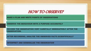 HOW TO OBSERVE?
MAKE A PLAN AND WRITE POINTS OF OBSERVATIONS.
OBSERVE THE BEHAVIOUR WITH A PURPOSE ACCURATELY.
RECORD THE ...