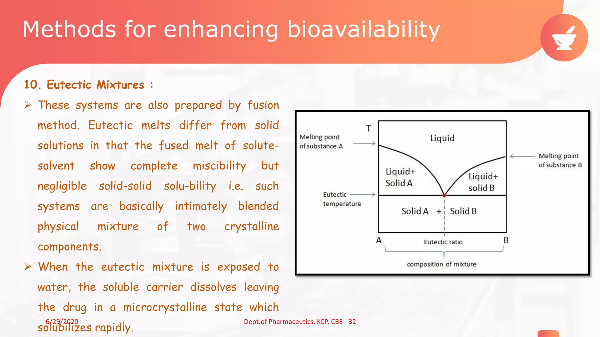 Methods for enhancing bioavailability
10. Eutectic Mixtures :
 These systems are also prepared by fusion
method. Eutectic melts differ from solid
solutions in that the fused melt of solute-
solvent show complete miscibility but
negligible solid-solid solu-bility i.e. such
systems are basically intimately blended
physical mixture of two crystalline
components.
 When the eutectic mixture is exposed to
water, the soluble carrier dissolves leaving
the drug in a microcrystalline state which
solubilizes rapidly.
176/29/2020 Dept.of Pharmaceutics, KCP, CBE - 32
 