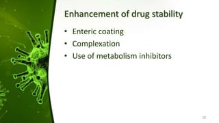 Enhancement of drug stability
• Enteric coating
• Complexation
• Use of metabolism inhibitors
10
 