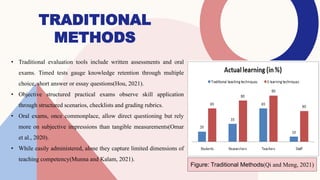 TRADITIONAL
METHODS
• Traditional evaluation tools include written assessments and oral
exams. Timed tests gauge knowledge retention through multiple
choice, short answer or essay questions(Hou, 2021).
• Objective structured practical exams observe skill application
through structured scenarios, checklists and grading rubrics.
• Oral exams, once commonplace, allow direct questioning but rely
more on subjective impressions than tangible measurements(Omar
et al., 2020).
• While easily administered, alone they capture limited dimensions of
teaching competency(Munna and Kalam, 2021).
Figure: Traditional Methods(Qi and Meng, 2021)
 