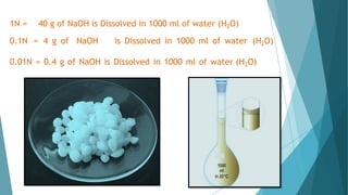 1N = 40 g of NaOH is Dissolved in 1000 ml of water (H2O)
0.1N = 4 g of NaOH is Dissolved in 1000 ml of water (H2O)
0.01N = 0.4 g of NaOH is Dissolved in 1000 ml of water (H2O)
 