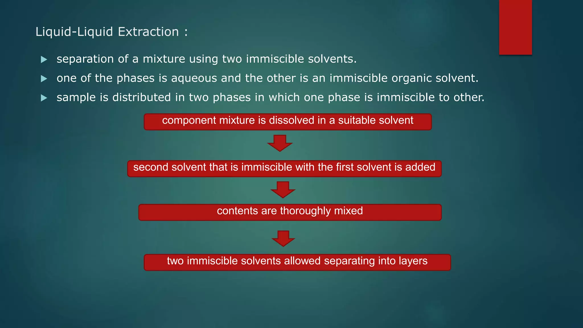 Liquid-Liquid Extraction :
 separation of a mixture using two immiscible solvents.
 one of the phases is aqueous and the other is an immiscible organic solvent.
 sample is distributed in two phases in which one phase is immiscible to other.
component mixture is dissolved in a suitable solvent
second solvent that is immiscible with the first solvent is added
contents are thoroughly mixed
two immiscible solvents allowed separating into layers
 