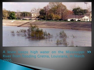 A levee keeps high water on the Mississippi
River from flooding Gretna, Louisiana, in March
2005.
 