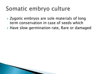  Zygotic embryos are sole materials of long
term conservation in case of seeds which
 Have slow germination rate, Rare or damaged
 