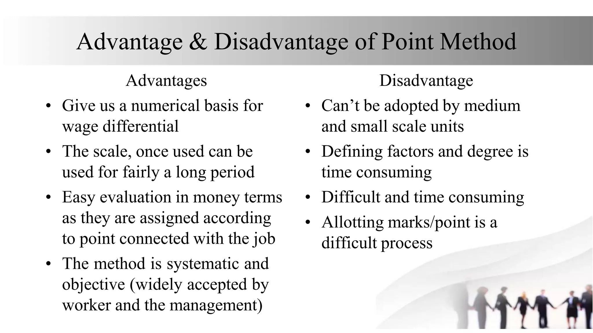 Advantage & Disadvantage of Point Method
Advantages
• Give us a numerical basis for
wage differential
• The scale, once used can be
used for fairly a long period
• Easy evaluation in money terms
as they are assigned according
to point connected with the job
• The method is systematic and
objective (widely accepted by
worker and the management)
Disadvantage
• Can’t be adopted by medium
and small scale units
• Defining factors and degree is
time consuming
• Difficult and time consuming
• Allotting marks/point is a
difficult process
 