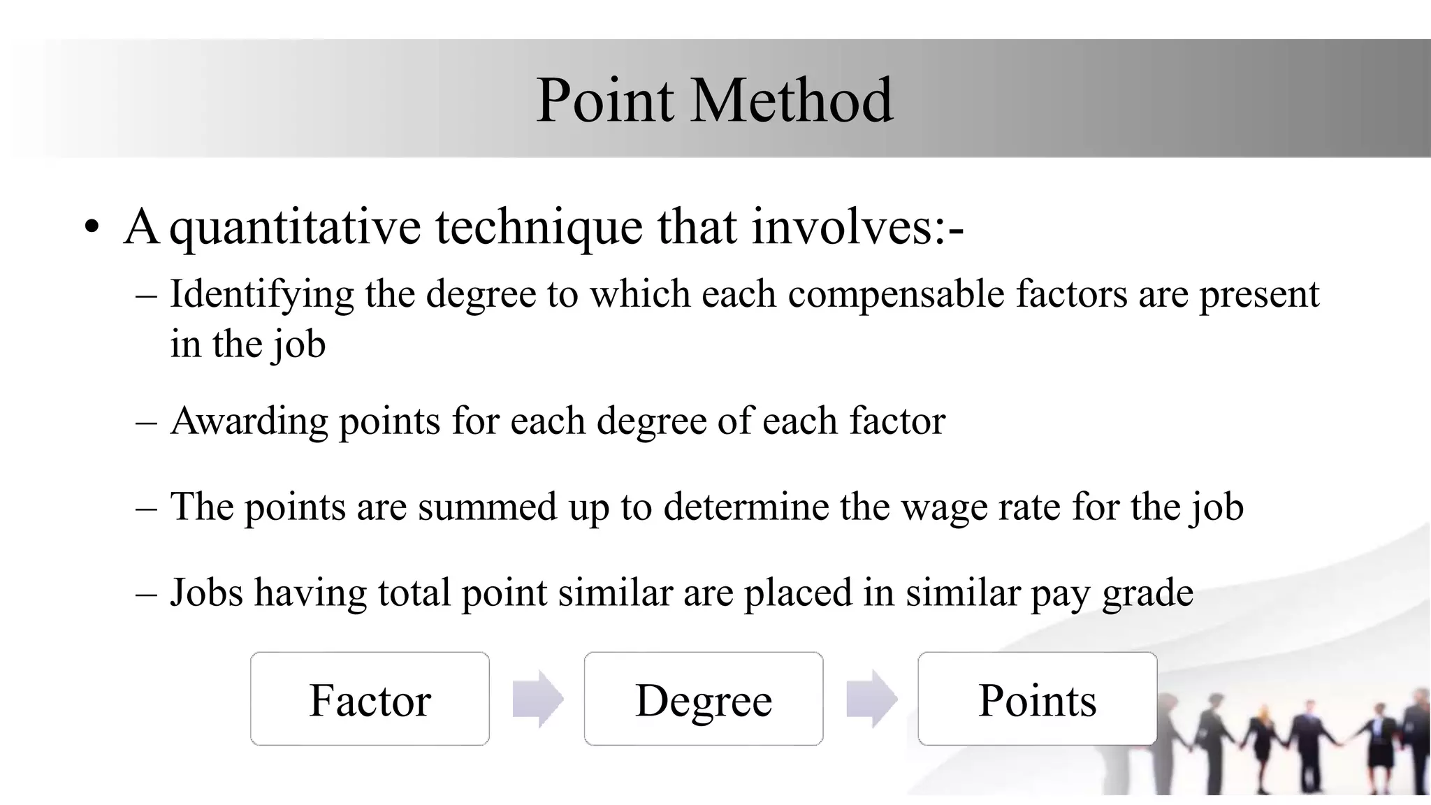 Point Method
• Aquantitative technique that involves:-
– Identifying the degree to which each compensable factors are present
in the job
– Awarding points for each degree of each factor
– The points are summed up to determine the wage rate for the job
– Jobs having total point similar are placed in similar pay grade
Factor Degree Points
 