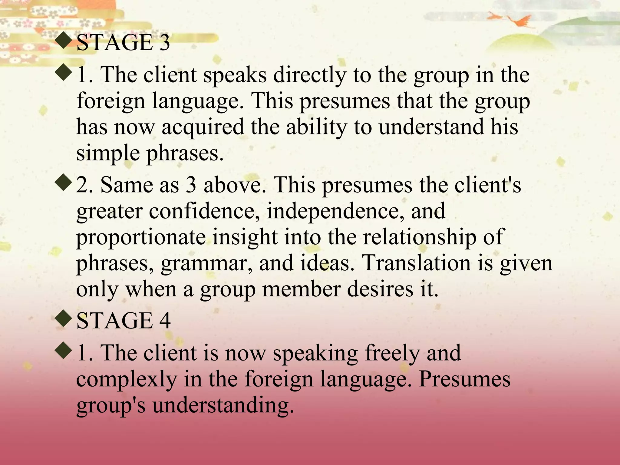 STAGE 3 1. The client speaks directly to the group in the foreign language. This presumes that the group has now acquired the ability to understand his simple phrases. 2. Same as 3 above. This presumes the client's greater confidence, independence, and proportionate insight into the relationship of phrases, grammar, and ideas. Translation is given only when a group member desires it. STAGE 4 1. The client is now speaking freely and complexly in the foreign language. Presumes group's understanding. 