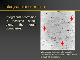 Intergranular corrosion
Integranular corrosion
is localized attack
along the grain
boundaries.
Microscopic picture of Inter-granular
corrosion of an aircraft component made
of 7075-T6 aluminum
 